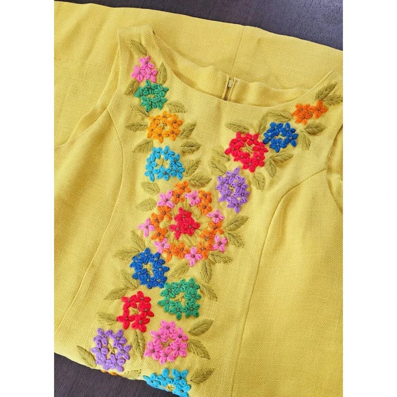 Vtg 70's Phil Rose of California Yellow Embroidered Floral Sheath Dress Sz M - Picture 8 of 8